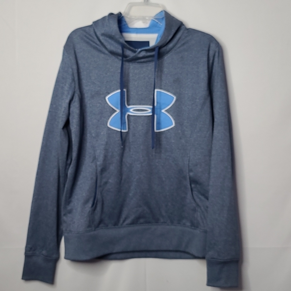 Under Armour blue hooded hoodie pocket semi fitted sweatshirt sweater sz L
